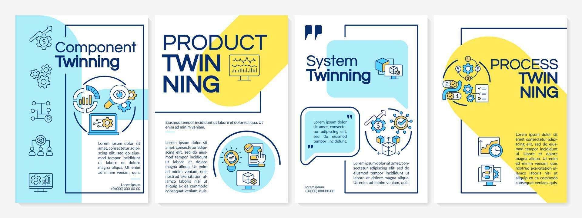 Twinning levels blue and yellow brochure template. Booklet print design with linear icons. Vector layouts for presentation, annual reports, ads. Arial-Black, Myriad Pro-Regular fonts used