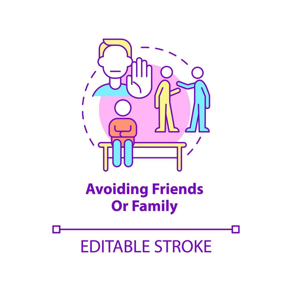 Avoiding friends and family concept icon. Anxiety mental disorder abstract idea thin line illustration. Isolated outline drawing. Editable stroke. Roboto-Medium, Myriad Pro-Bold fonts used vector