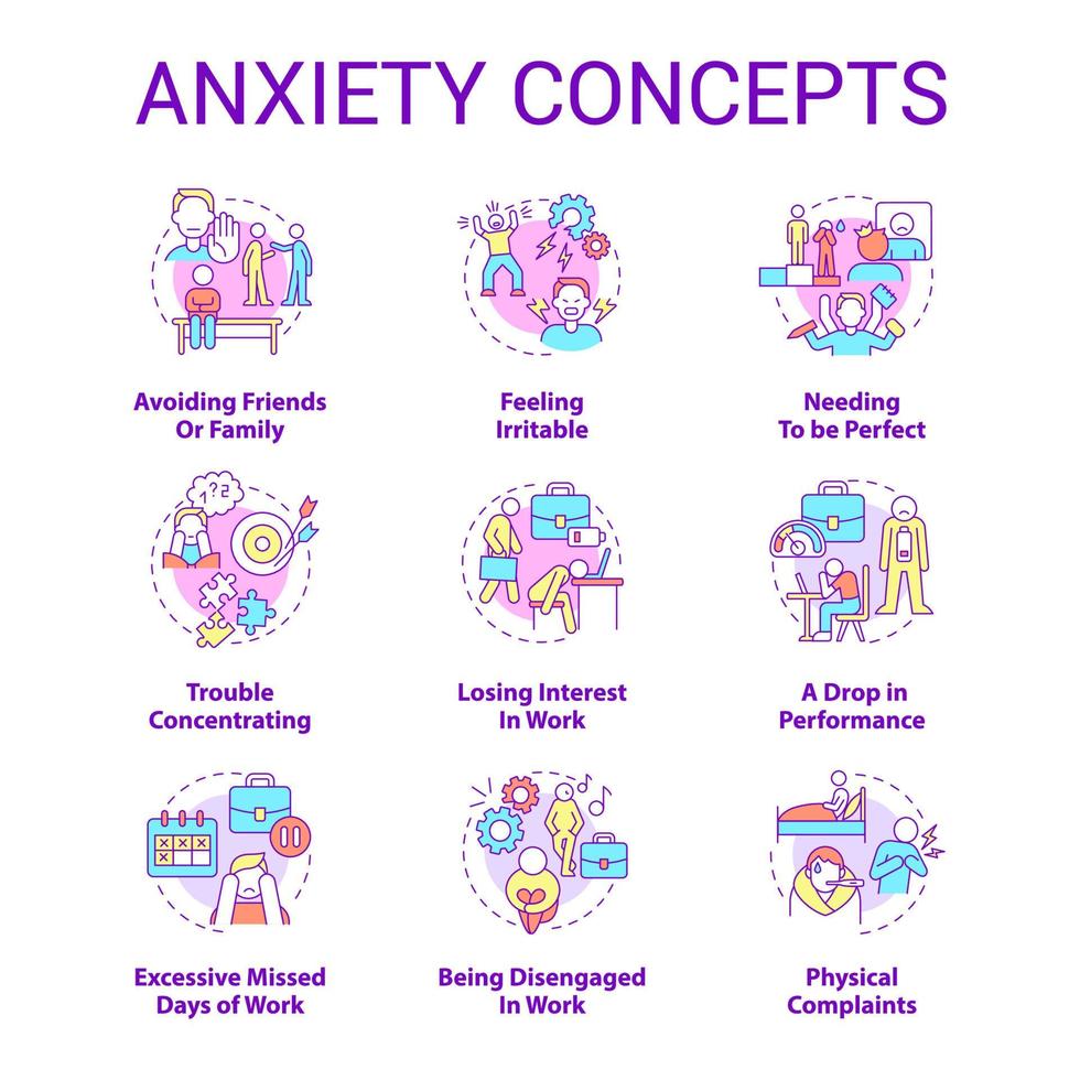 Anxiety concept icons set. Natural reaction on stress. Mental health problem idea thin line color illustrations. Isolated outline drawings. Roboto-Medium, Myriad Pro-Bold fonts used vector