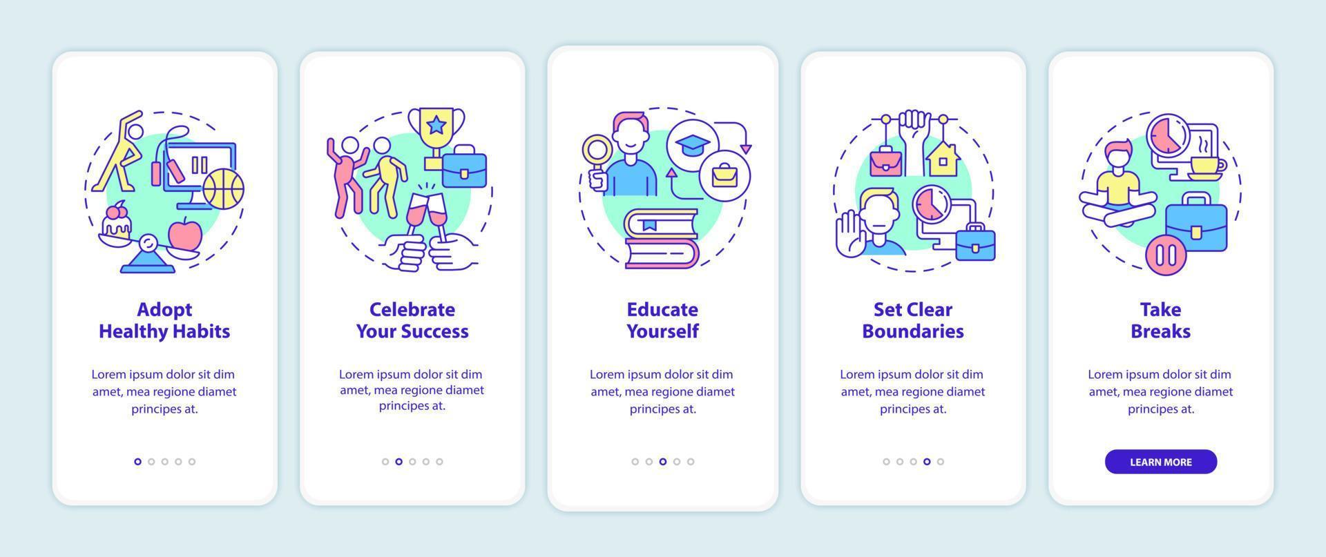 Dealing with anxiety at work onboarding mobile app screen. Overcoming walkthrough 5 steps graphic instructions pages with linear concepts. UI, UX, GUI template. Myriad Pro-Bold, Regular fonts used vector