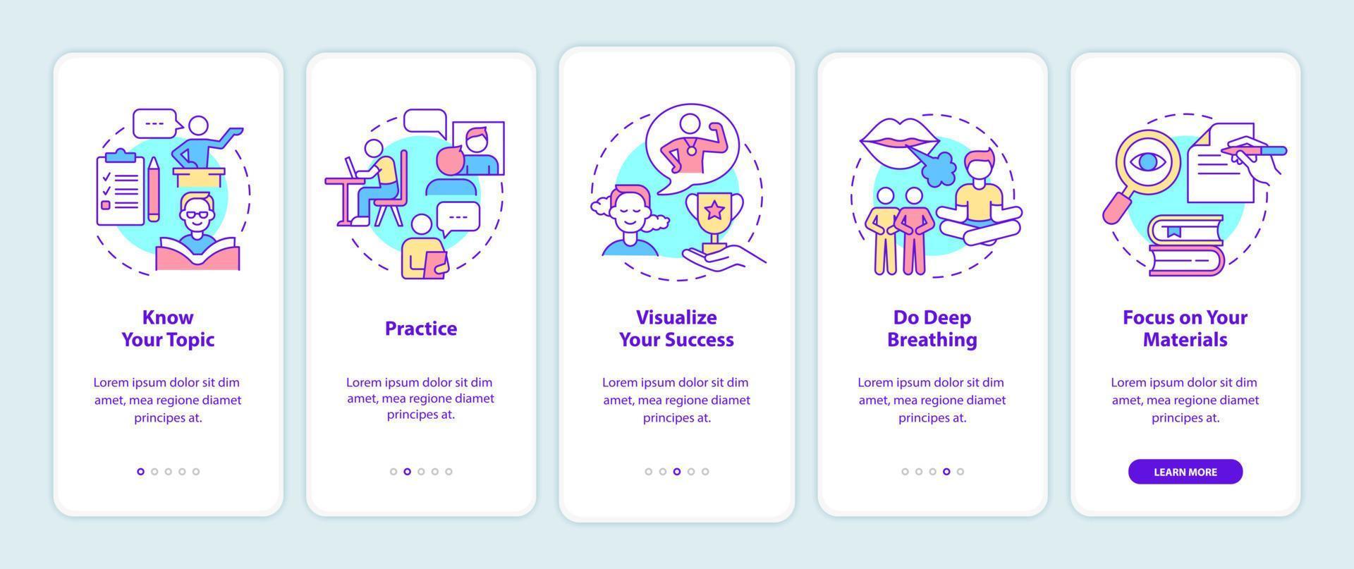 Overcoming fear of public speaking onboarding mobile app screen. Anxiety walkthrough 5 steps graphic instructions pages with linear concepts. UI, UX, GUI template. Myriad Pro-Bold, Regular fonts used vector