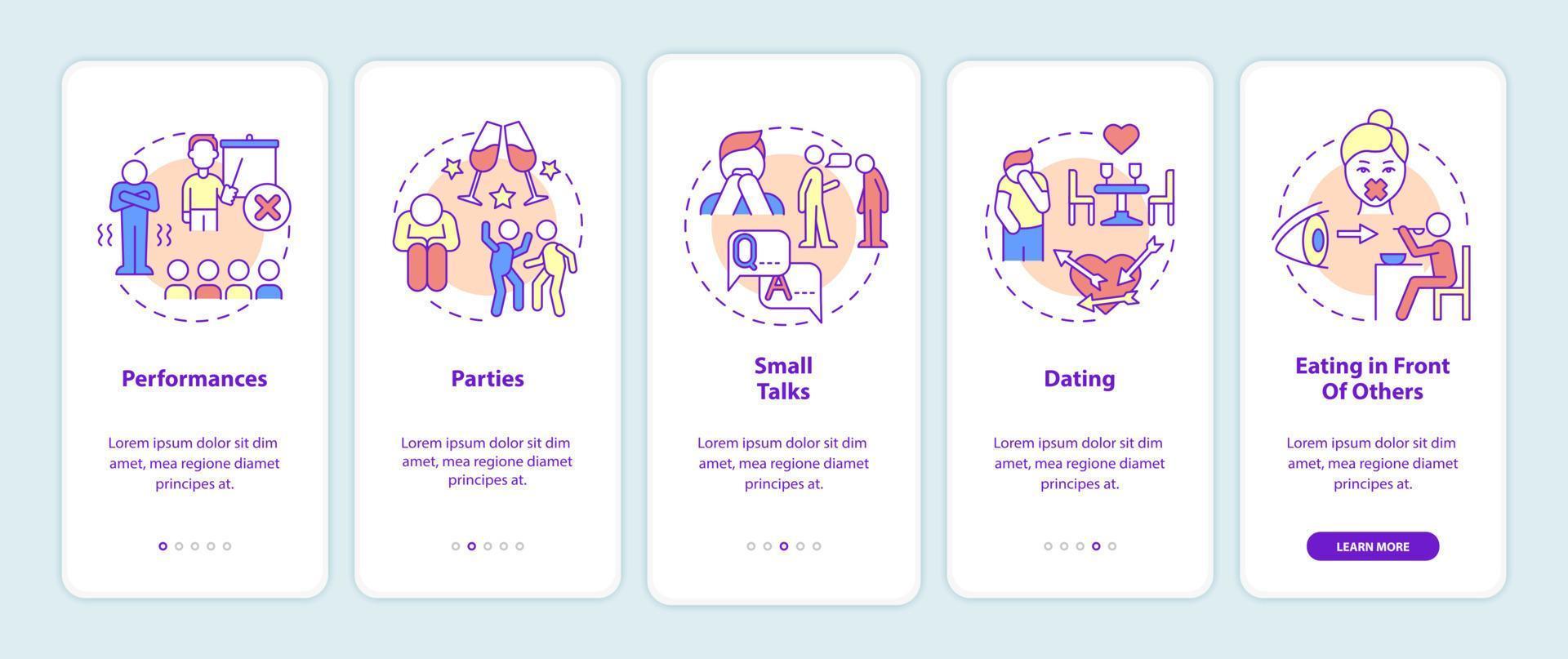 Common anxiety triggers onboarding mobile app screen. Mental disorder walkthrough 5 steps graphic instructions pages with linear concepts. UI, UX, GUI template. Myriad Pro-Bold, Regular fonts used vector