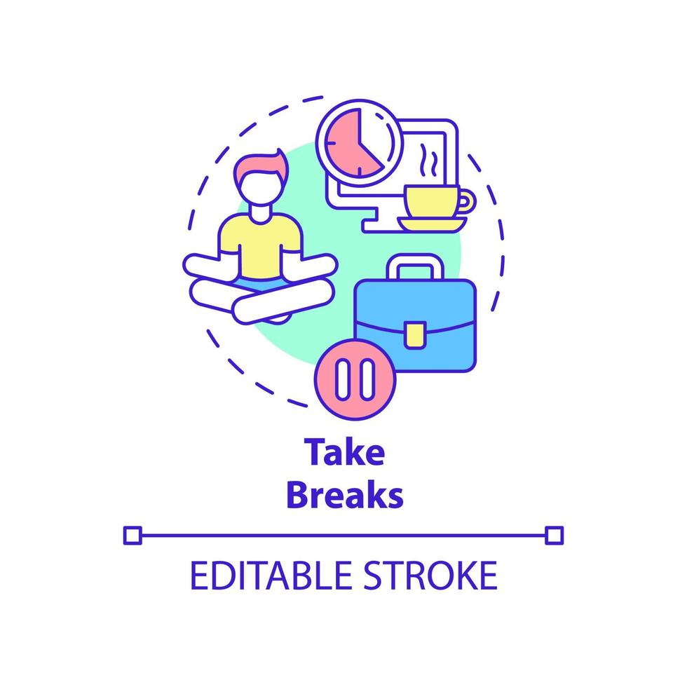 Take breaks concept icon. Keep mind clear. Prevent anxiety attack abstract idea thin line illustration. Isolated outline drawing. Editable stroke. Roboto-Medium, Myriad Pro-Bold fonts used vector