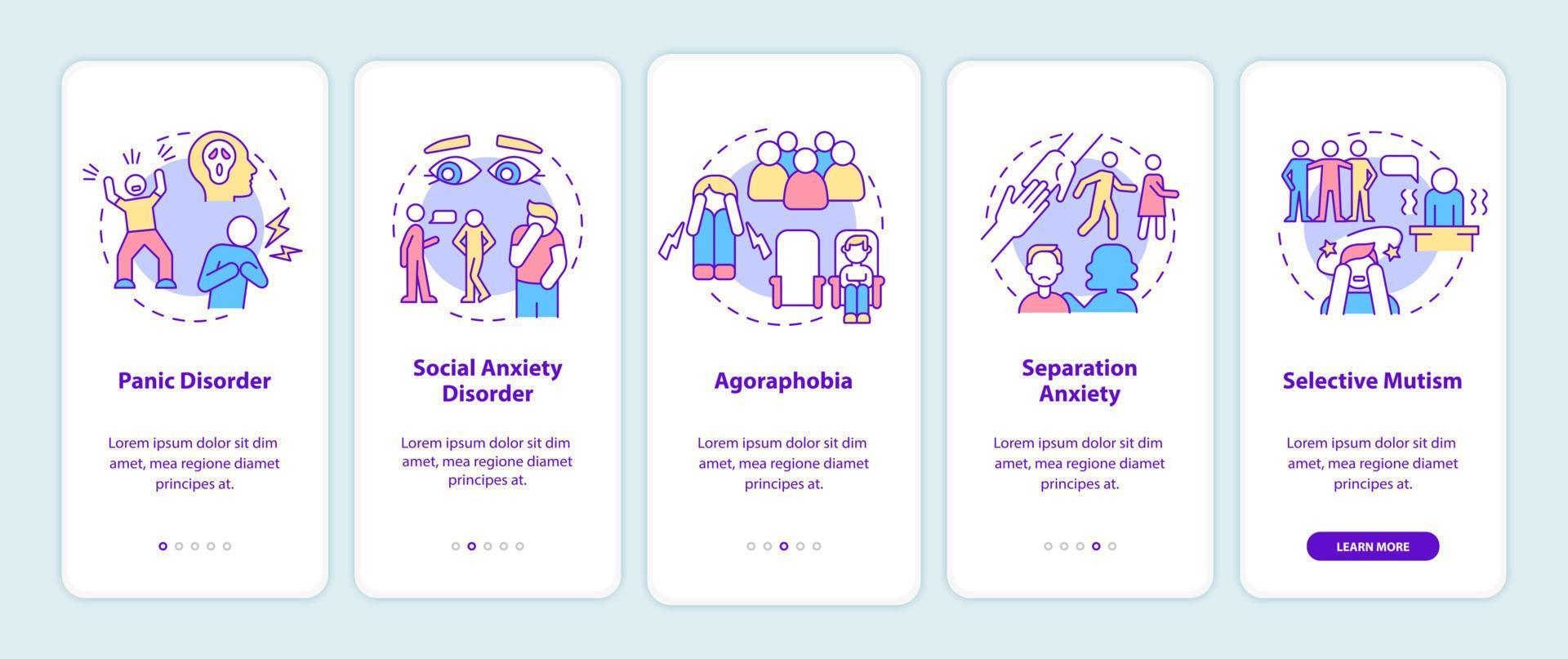 Types of anxiety disorders onboarding mobile app screen. Mental illness walkthrough 5 steps graphic instructions pages with linear concepts. UI, UX, GUI template. Myriad Pro-Bold, Regular fonts used vector