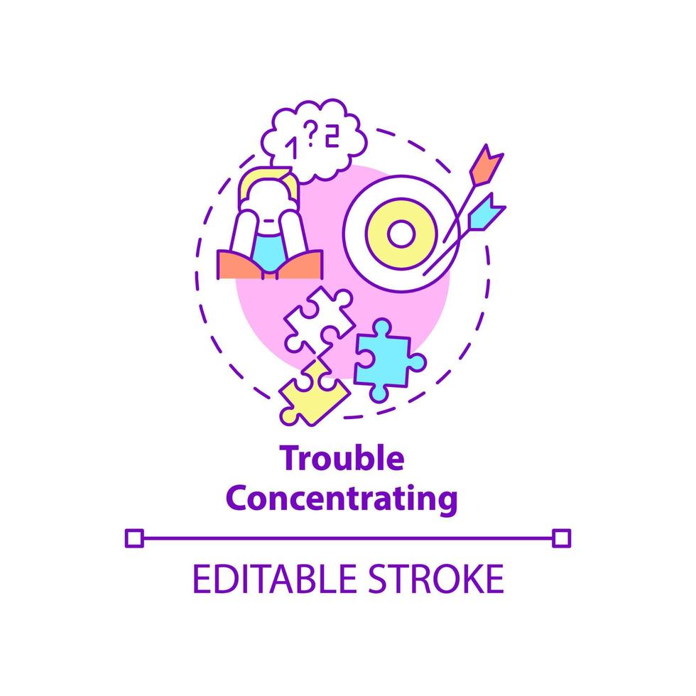 Trouble concentrating concept icon. Anxiety and mental disorder abstract idea thin line illustration. Isolated outline drawing. Editable stroke. Roboto-Medium, Myriad Pro-Bold fonts used vector