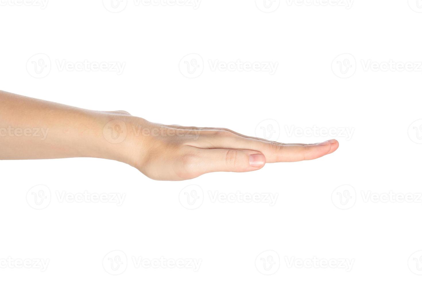 Woman hand show direction gesture, open hand isokated on a white background photo