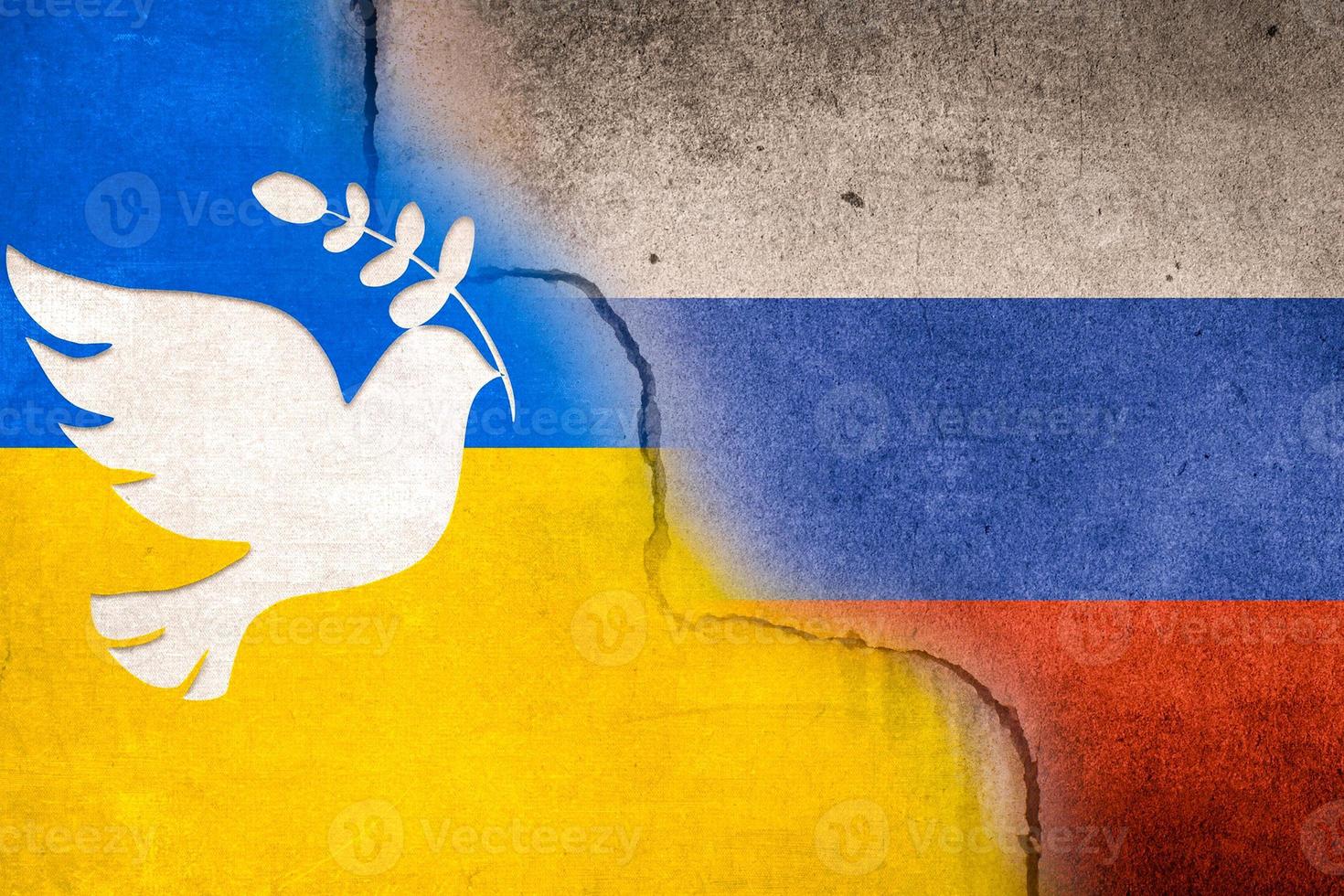 Defocus image blurred Flag of Russia and Ukraine with a white peace bird pigeon painted on a concrete wall. Relationship between Ukraine and Russia. photo