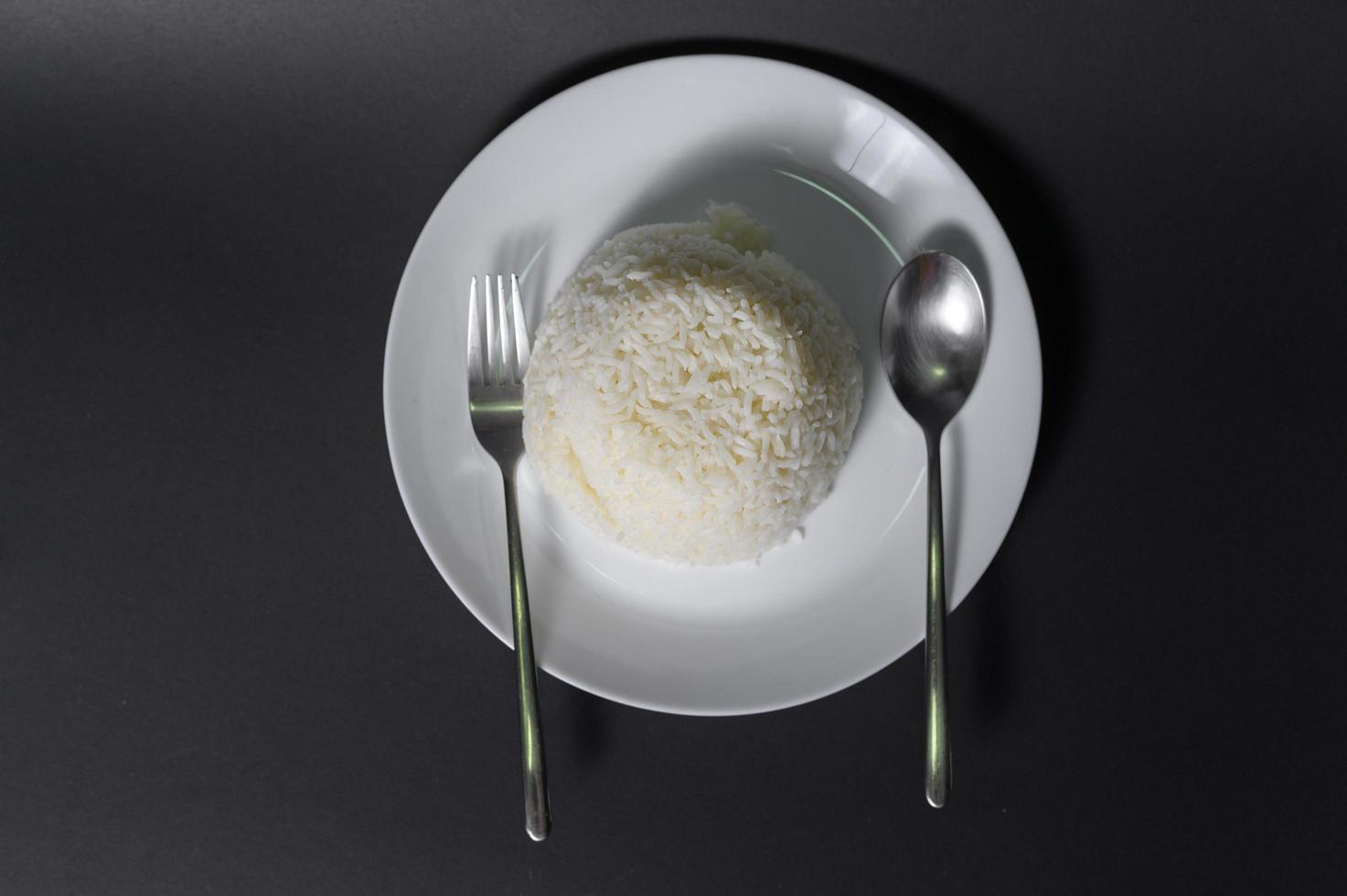 rice on white plate over black background studio photo