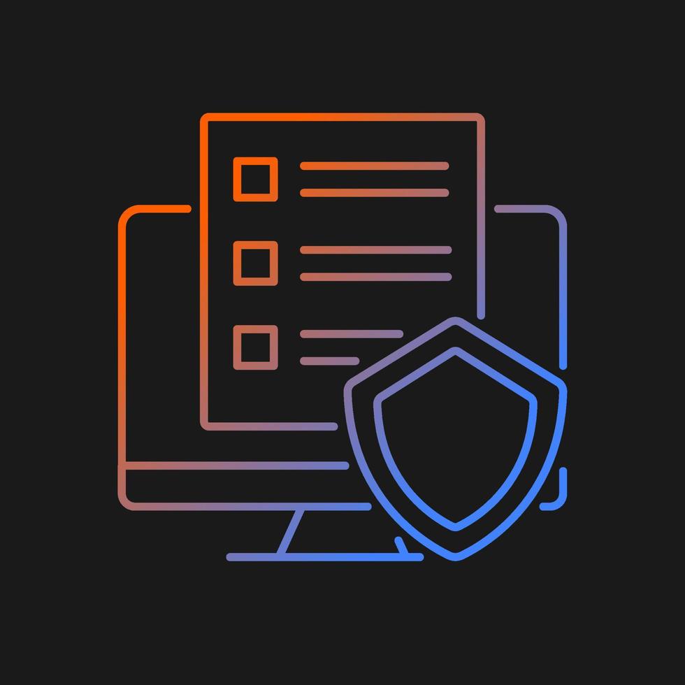 Cyber policy gradient vector icon for dark theme. Rules to protect users online. Cybersecurity regulations. Thin line color symbol. Modern style pictogram. Vector isolated outline drawing