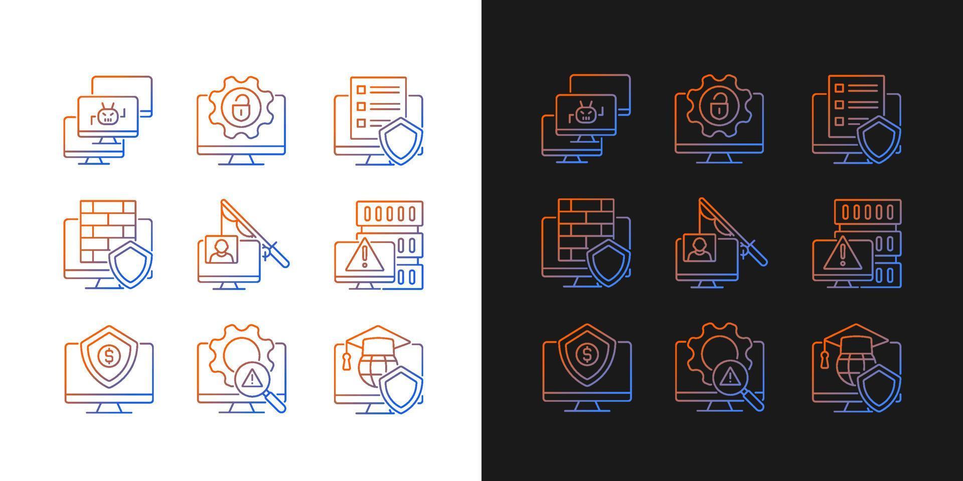 Cybercrime and its prevention gradient icons set for dark and light mode. Phishing and Dos attack. Thin line contour symbols bundle. Isolated vector outline illustrations collection on black and white