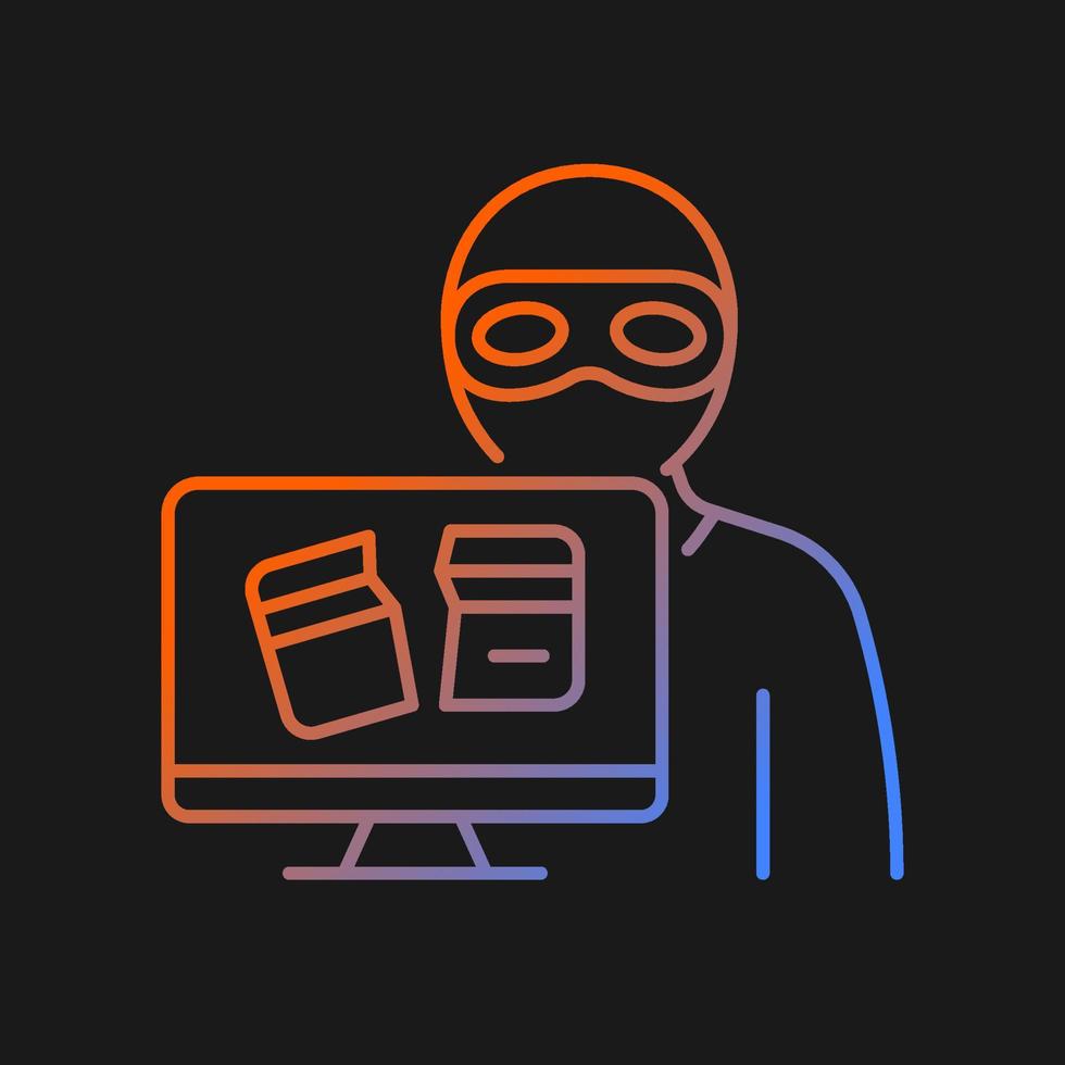 icono de vector de gradiente de ataque motivado criminalmente para tema oscuro. interrupción de la computadora para ganar dinero y datos. ciberdelincuencia símbolo de color de línea delgada. pictograma de estilo moderno. dibujo de contorno aislado vectorial