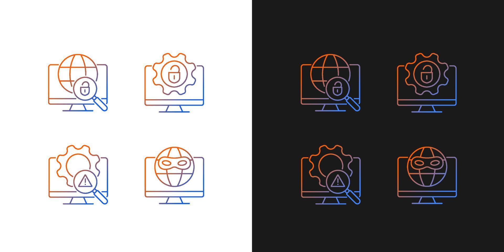 Illegal activities detection gradient icons set for dark and light mode. Malicious software. Thin line contour symbols bundle. Isolated vector outline illustrations collection on black and white