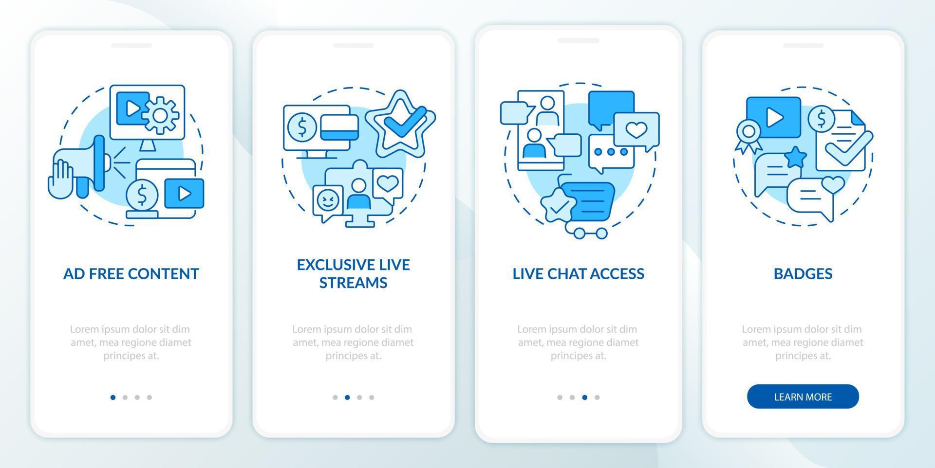 Paid subscription features blue onboarding mobile app screen. Walkthrough 4 steps graphic instructions pages with linear concepts. UI, UX, GUI template. Myriad Pro-Bold, Regular fonts used vector