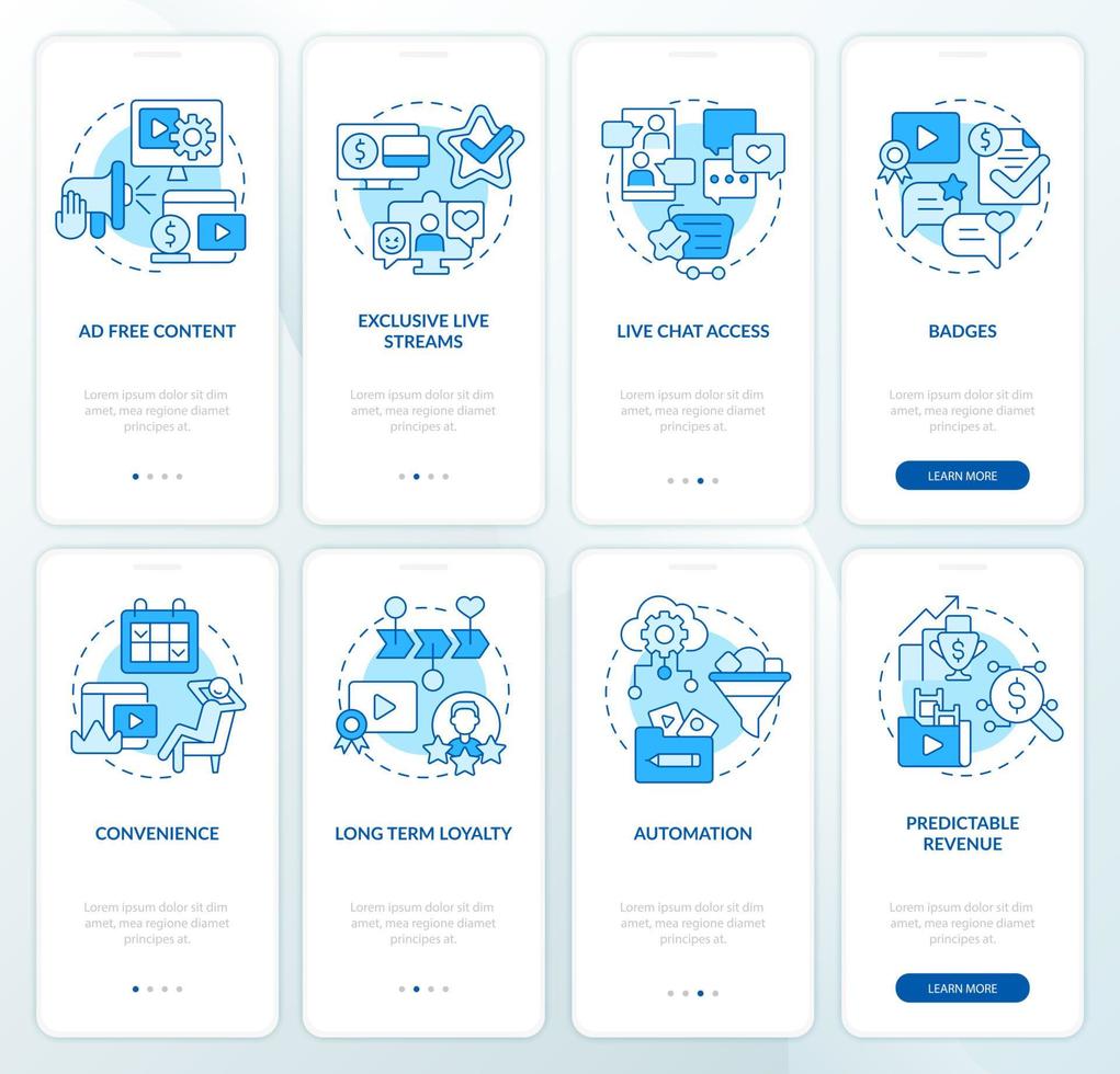 Subscription benefits blue onboarding mobile app screen set. Walkthrough 4 steps graphic instructions pages with linear concepts. UI, UX, GUI template. Myriad Pro-Bold, Regular fonts used vector