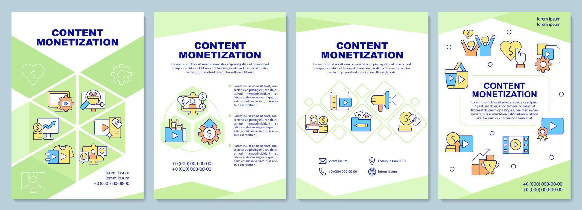 Content monetization brochure template. Earn money from media. Booklet print design with linear icons. Vector layouts for presentation, annual reports, ads. Arial-Black, Myriad Pro-Regular fonts used