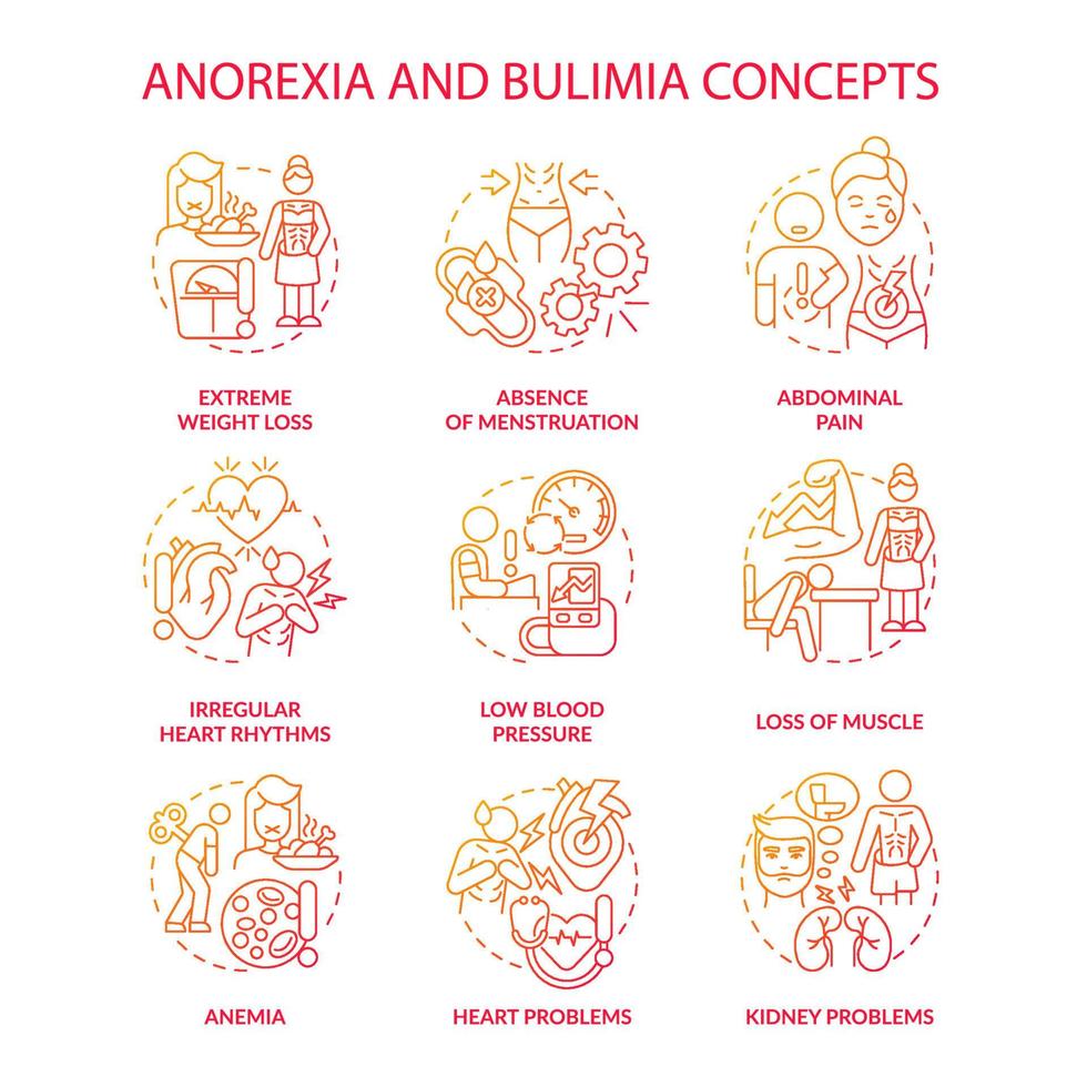 Anorexia and bulimia red gradient concept icons set. Mental and physical health problems idea thin line color illustrations. Isolated outline drawings. Roboto-Medium, Myriad Pro-Bold fonts used vector