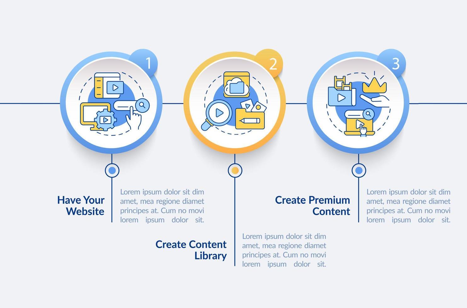 plantilla infográfica de círculo de video a pedido. distribución de contenido. visualización de datos con 3 pasos. gráfico de información de la línea de tiempo del proceso. diseño de flujo de trabajo con iconos de línea. lato-negrita, fuentes regulares utilizadas vector