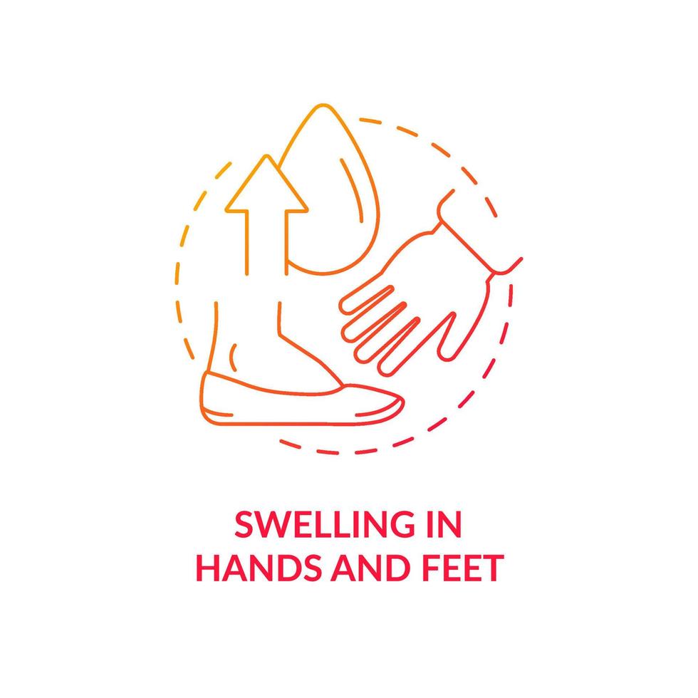 Swelling in hands and feet red gradient concept icon. Body parts puffiness. Limbs edema abstract idea thin line illustration. Isolated outline drawing. Roboto-Medium, Myriad Pro-Bold fonts used vector