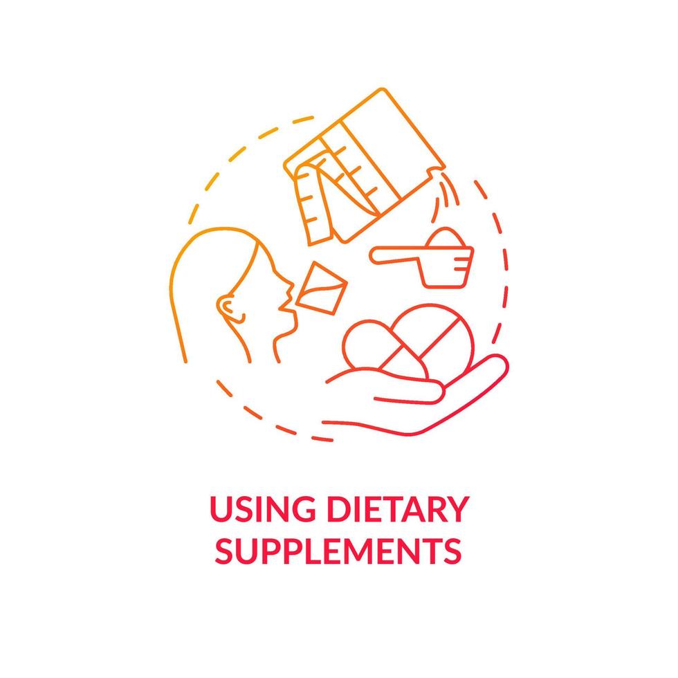 Using dietary supplements red gradient concept icon. Health improving pills. Food additive abstract idea thin line illustration. Isolated outline drawing. Roboto-Medium, Myriad Pro-Bold fonts used vector