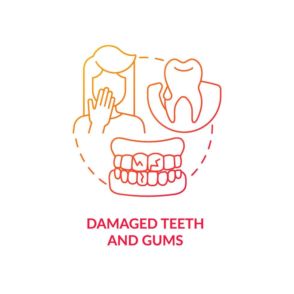 Damaged teeth and gums red gradient concept icon. Tooth decay. Oral cavity problems abstract idea thin line illustration. Isolated outline drawing. Roboto-Medium, Myriad Pro-Bold fonts used vector