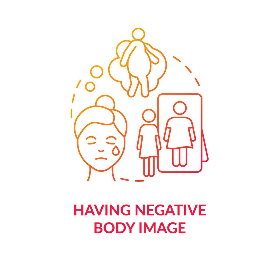 Having negative body image red gradient concept icon. Personal appearance dissatisfaction abstract idea thin line illustration. Isolated outline drawing. Roboto-Medium, Myriad Pro-Bold fonts used vector