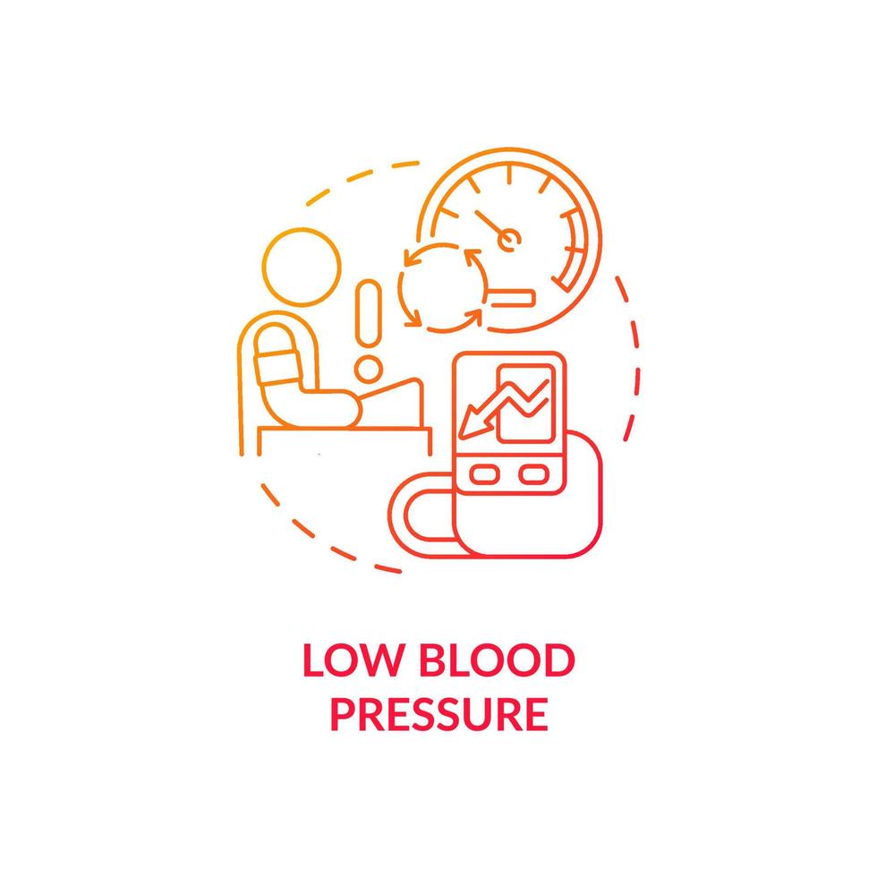 Low blood pressure red gradient concept icon. Heart diseases. Cardiovascular illness abstract idea thin line illustration. Isolated outline drawing. Roboto-Medium, Myriad Pro-Bold fonts used vector
