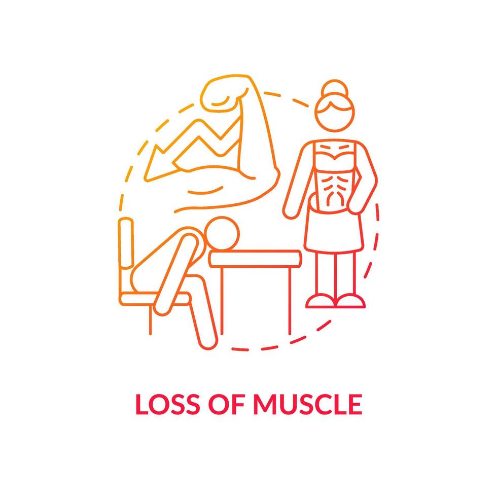 Loss of muscle red gradient concept icon. Musculoskeletal system degeneration. Body weakness abstract idea thin line illustration. Isolated outline drawing. Roboto-Medium, Myriad Pro-Bold fonts used vector