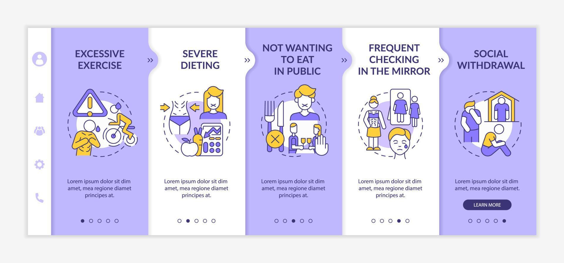 Anorexia emotional and behavioral symptoms purple and white onboarding template. Responsive mobile website with linear concept icons. Web page walkthrough 5 step screens. Lato-Bold, Regular fonts used vector