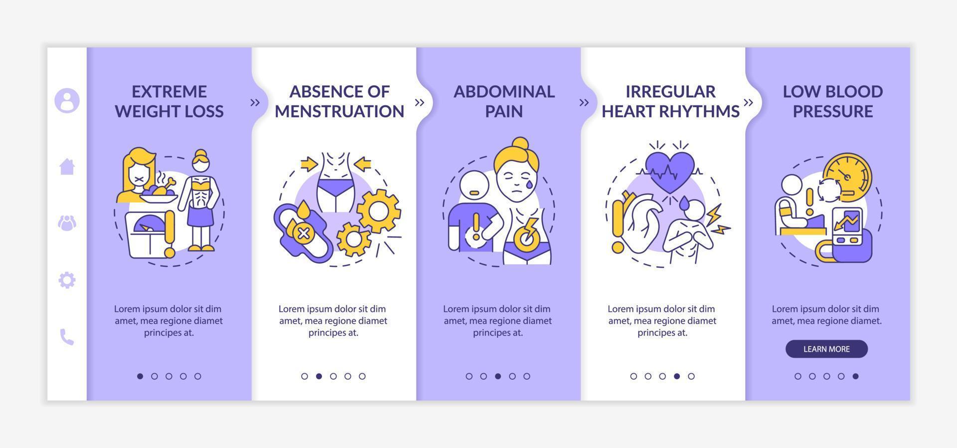 Anorexia symptoms purple and white onboarding template. Irregular heart rhythms. Responsive mobile website with linear concept icons. Web page walkthrough 5 step screens. Lato-Bold, Regular fonts used vector