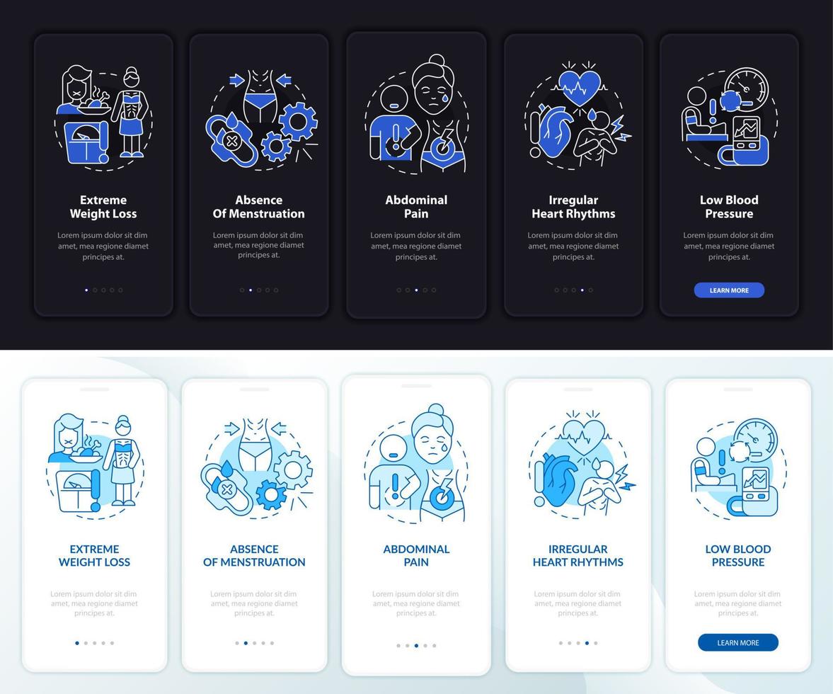 Anorexia symptoms night and day mode onboarding mobile app screen. Walkthrough 5 steps graphic instructions pages with linear concepts. UI, UX, GUI template. Myriad Pro-Bold, Regular fonts used vector