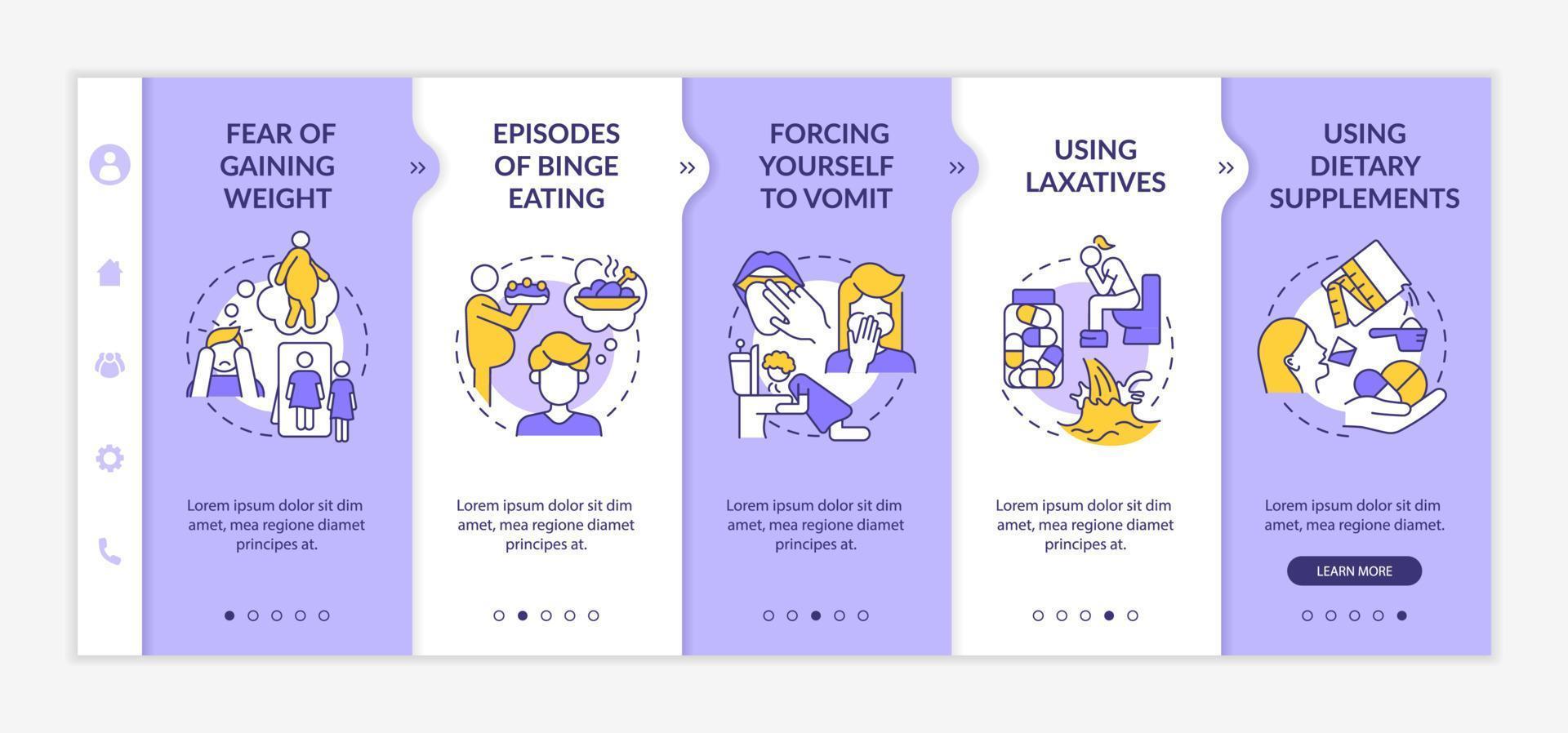 Bulimia symptoms purple and white onboarding template. Episodes of binge eating. Responsive mobile website with linear concept icons. Web page walkthrough 5 step screens. Lato-Bold, Regular fonts used vector