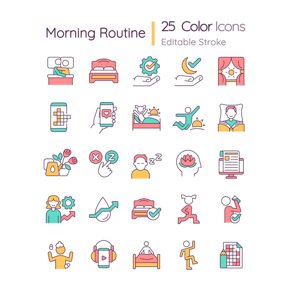 Morning routine RGB color icons set. Activities for positive day start. Isolated vector illustrations. Simple filled line drawings collection. Editable stroke. Quicksand-Light font used