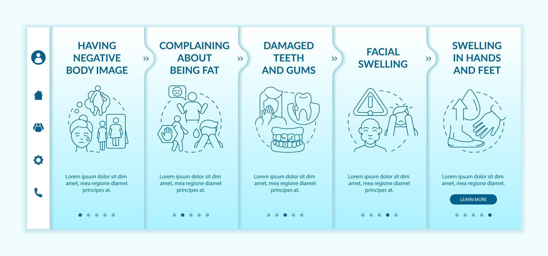 Signs of bulimia turquoise gradient onboarding template. Swelling in hands. Responsive mobile website with linear concept icons. Web page walkthrough 5 step screens. Lato-Bold, Regular fonts used vector