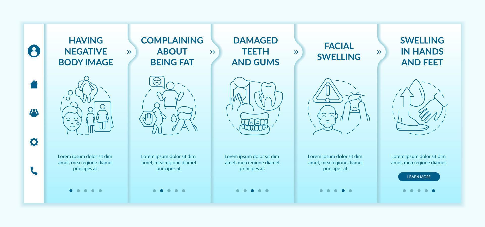 signos de plantilla de incorporación de gradiente turquesa de bulimia. hinchazón en las manos. sitio web móvil receptivo con iconos de concepto lineal. Tutorial de página web Pantallas de 5 pasos. lato-negrita, fuentes regulares utilizadas vector