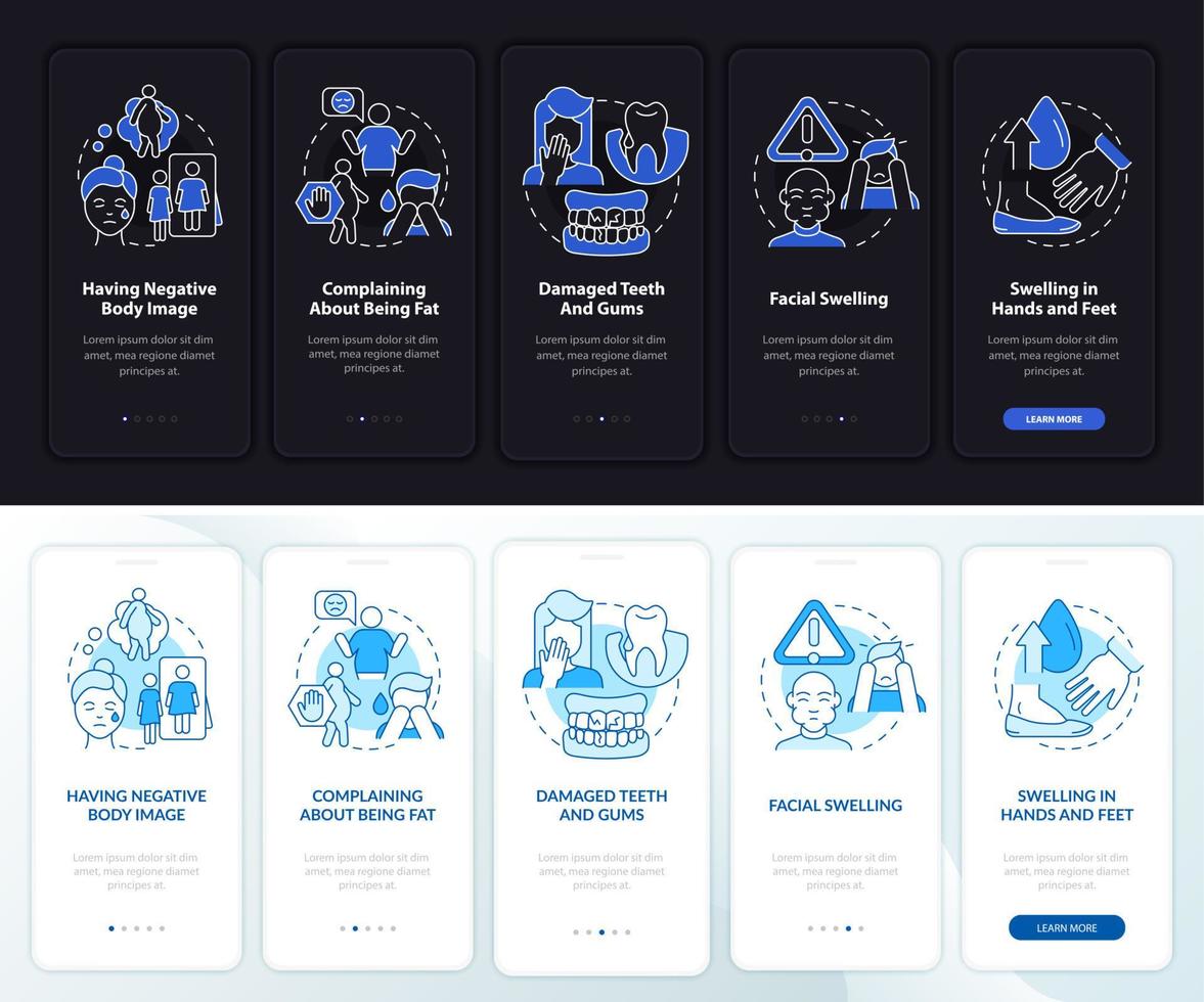 signos de bulimia modo día y noche incorporando la pantalla de la aplicación móvil. tutorial 5 pasos páginas de instrucciones gráficas con conceptos lineales. interfaz de usuario, ux, plantilla de interfaz gráfica de usuario. innumerables fuentes pro-negrita y regulares utilizadas vector