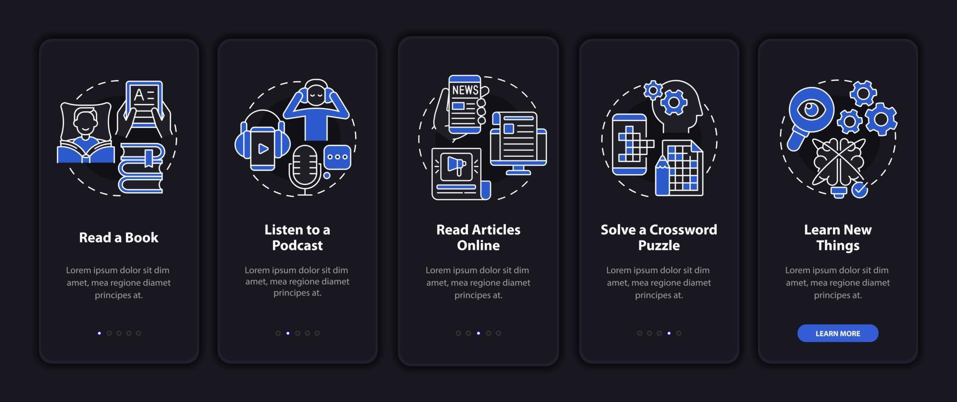 Morning routine ideas night mode onboarding mobile app screen. Life walkthrough 5 steps graphic instructions pages with linear concepts. UI, UX, GUI template. Myriad Pro-Bold, Regular fonts used vector