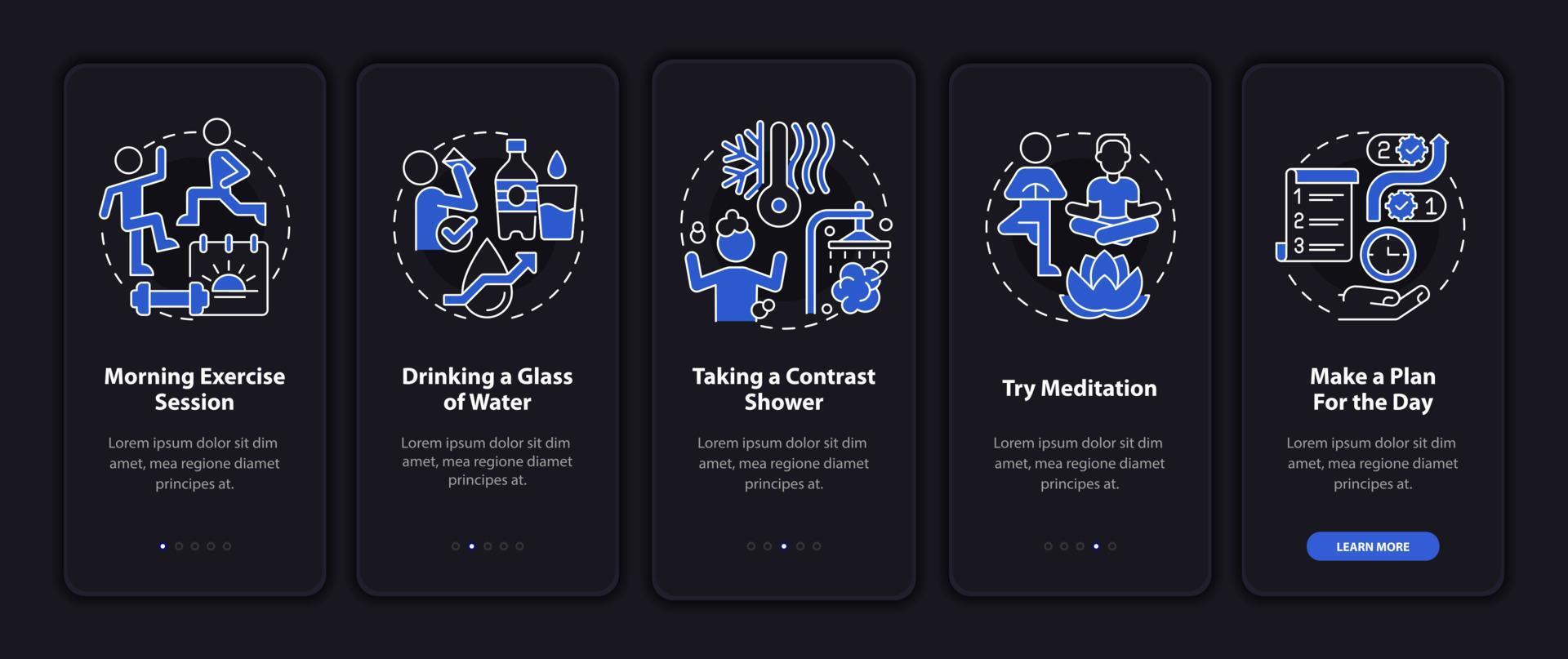 Daily routine night mode onboarding mobile app screen. Selfcare walkthrough 5 steps graphic instructions pages with linear concepts. UI, UX, GUI template. Myriad Pro-Bold, Regular fonts used vector