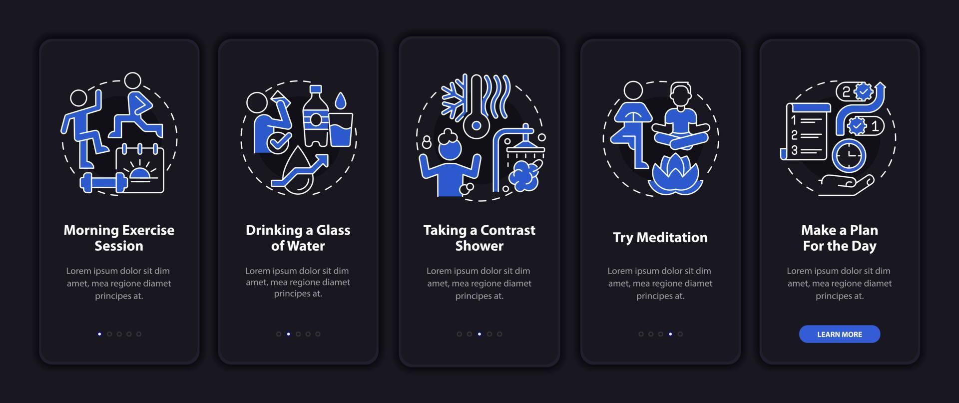 Pantalla de aplicación móvil de incorporación de modo nocturno de rutina diaria. tutorial de cuidado personal páginas de instrucciones gráficas de 5 pasos con conceptos lineales. interfaz de usuario, ux, plantilla de interfaz gráfica de usuario. innumerables fuentes pro-negrita y regulares utilizadas vector