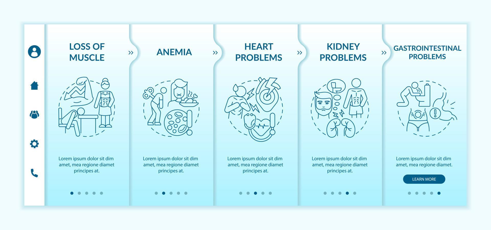 Anorexia complications turquoise gradient onboarding template. Anemia. Responsive mobile website with linear concept icons. Web page walkthrough 5 step screens. Lato-Bold, Regular fonts used vector