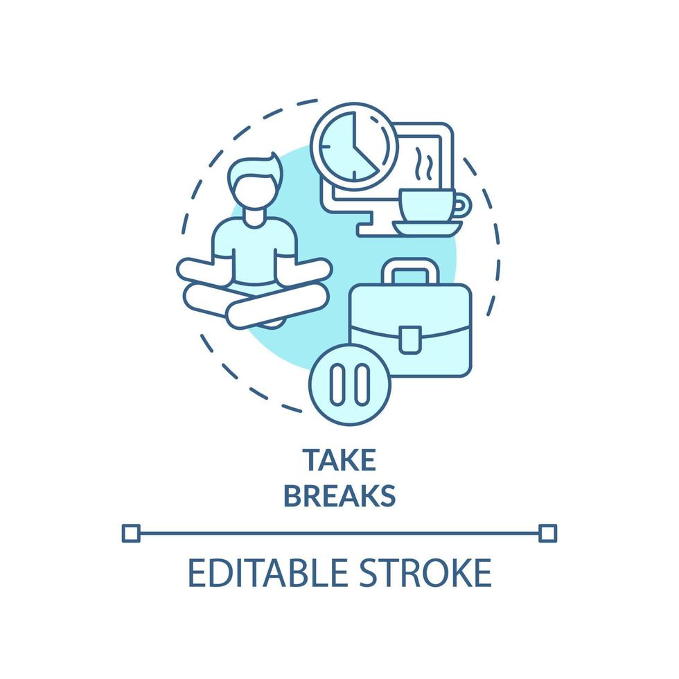 Take breaks turquoise concept icon. Mind balance. Prevent anxiety attack abstract idea thin line illustration. Isolated outline drawing. Editable stroke. Roboto-Medium, Myriad Pro-Bold fonts used vector