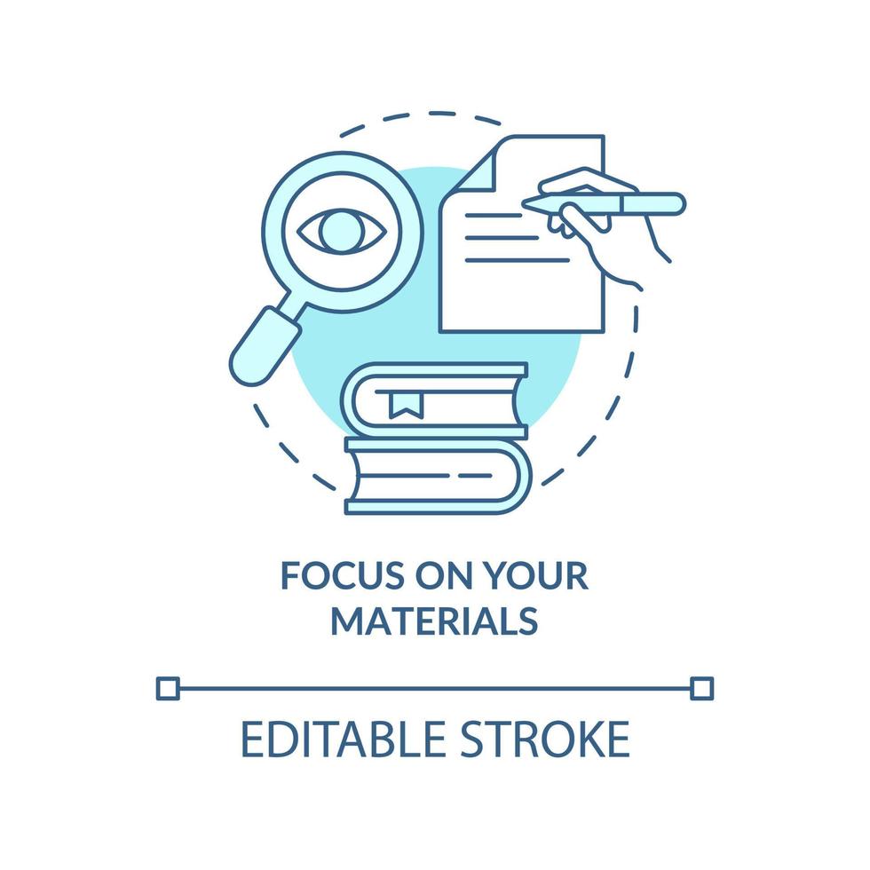 Focus on your materials turquoise concept icon. Prepare to avoid anxiety abstract idea thin line illustration. Isolated outline drawing. Editable stroke. Roboto-Medium, Myriad Pro-Bold fonts used vector