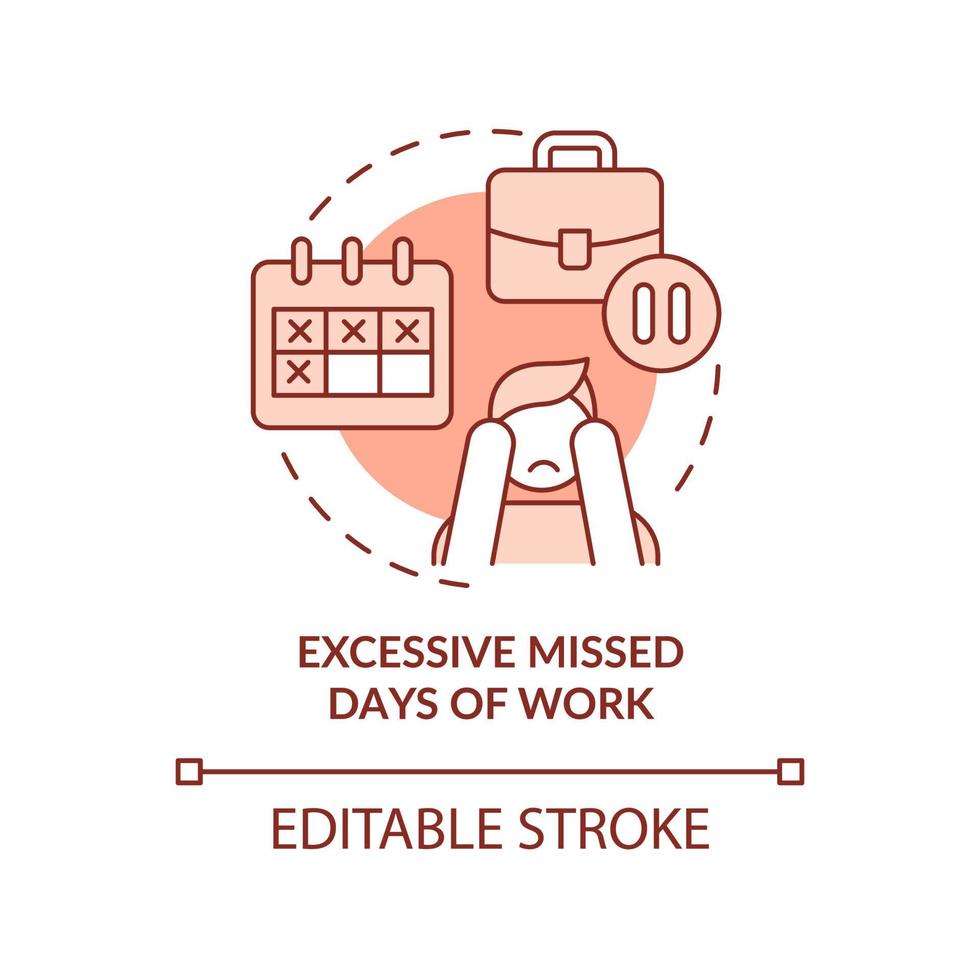 Excessive missed days of work terracotta concept icon. Stress and anxiety abstract idea thin line illustration. Isolated outline drawing. Editable stroke. Roboto-Medium, Myriad Pro-Bold fonts used vector