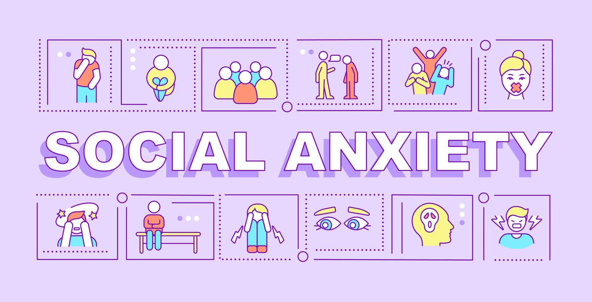 Social anxiety word concepts purple banner. Mental disorder. Infographics with linear icons on background. Isolated typography. Vector outline color illustration with text. Arial-Black font used