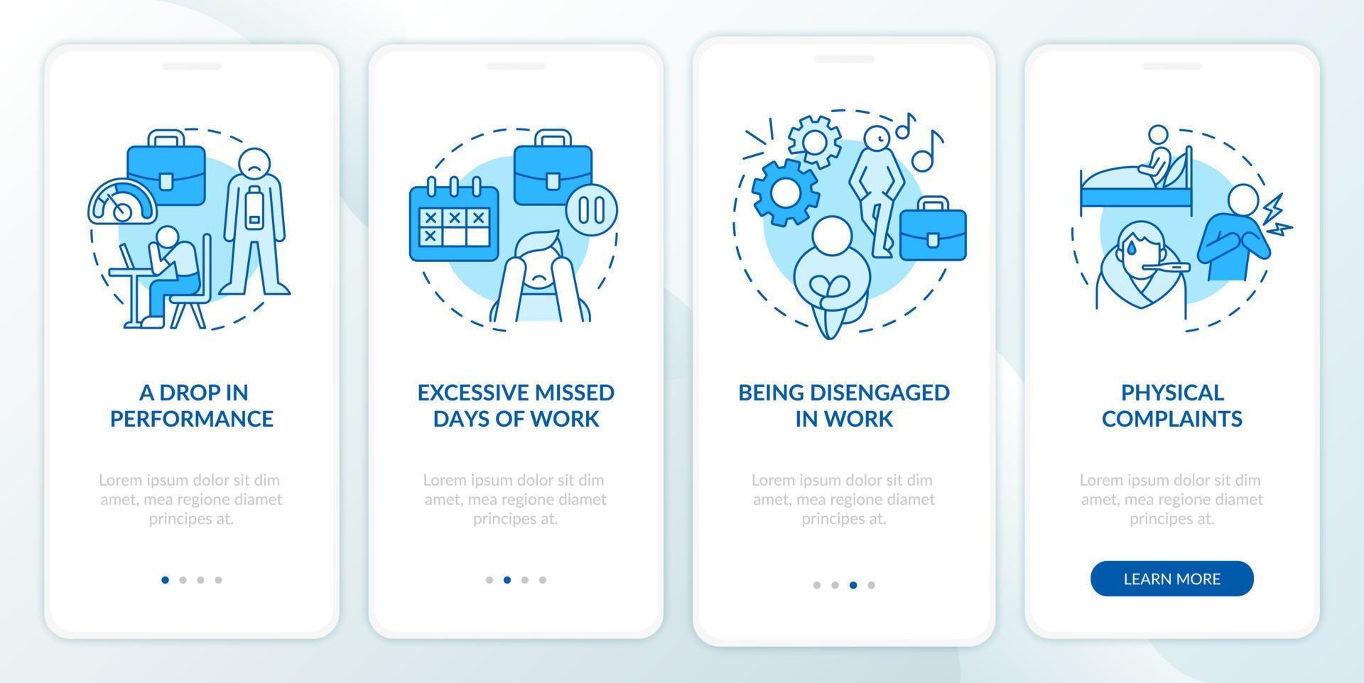 Workplace anxiety reasons blue onboarding mobile app screen. Disorder walkthrough 4 steps graphic instructions pages with linear concepts. UI, UX, GUI template. Myriad Pro-Bold, Regular fonts used vector