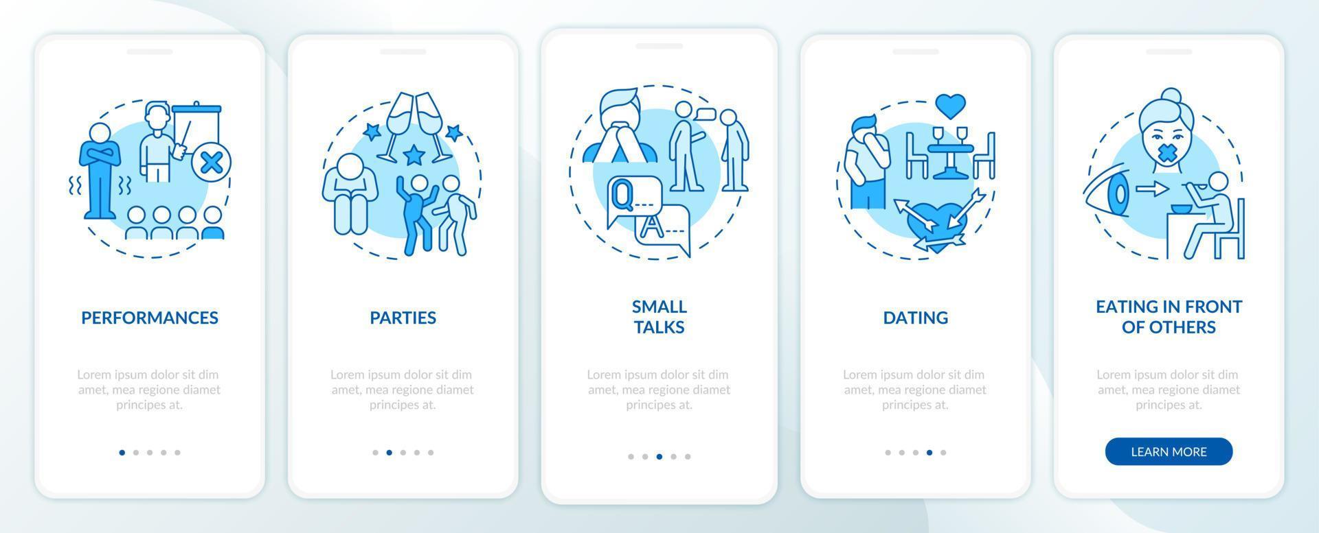 Common anxiety triggers blue onboarding mobile app screen. Disorder walkthrough 5 steps graphic instructions pages with linear concepts. UI, UX, GUI template. Myriad Pro-Bold, Regular fonts used vector