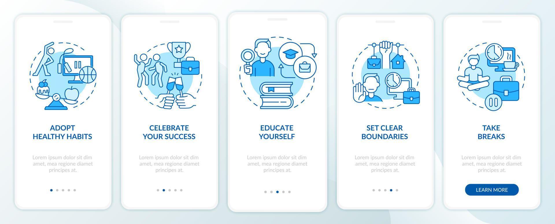 Dealing with anxiety at work blue onboarding mobile app screen. Lifestyle walkthrough 5 steps graphic instructions pages with linear concepts. UI, UX, GUI template. Myriad Pro-Bold, Regular fonts used vector