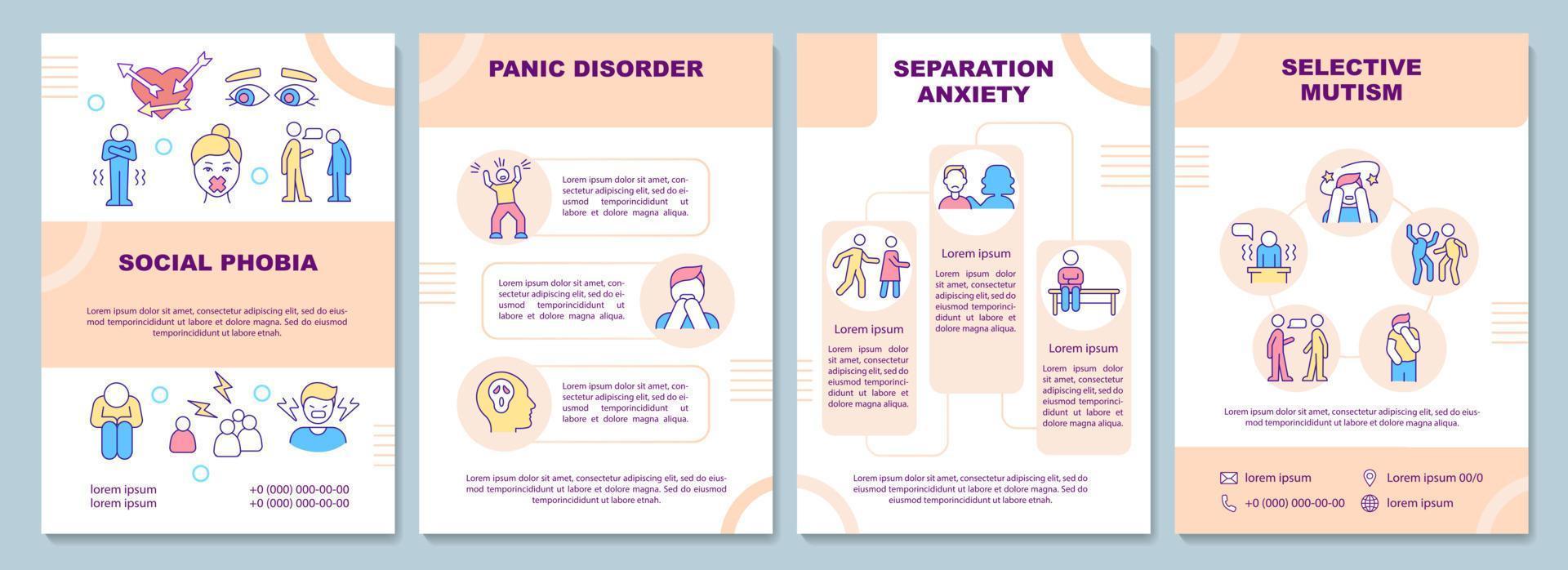 Anxiety types beige brochure template. Mental disorder. Booklet print design with linear icons. Vector layouts for presentation, annual reports, ads. Arial-Black, Myriad Pro-Regular fonts used