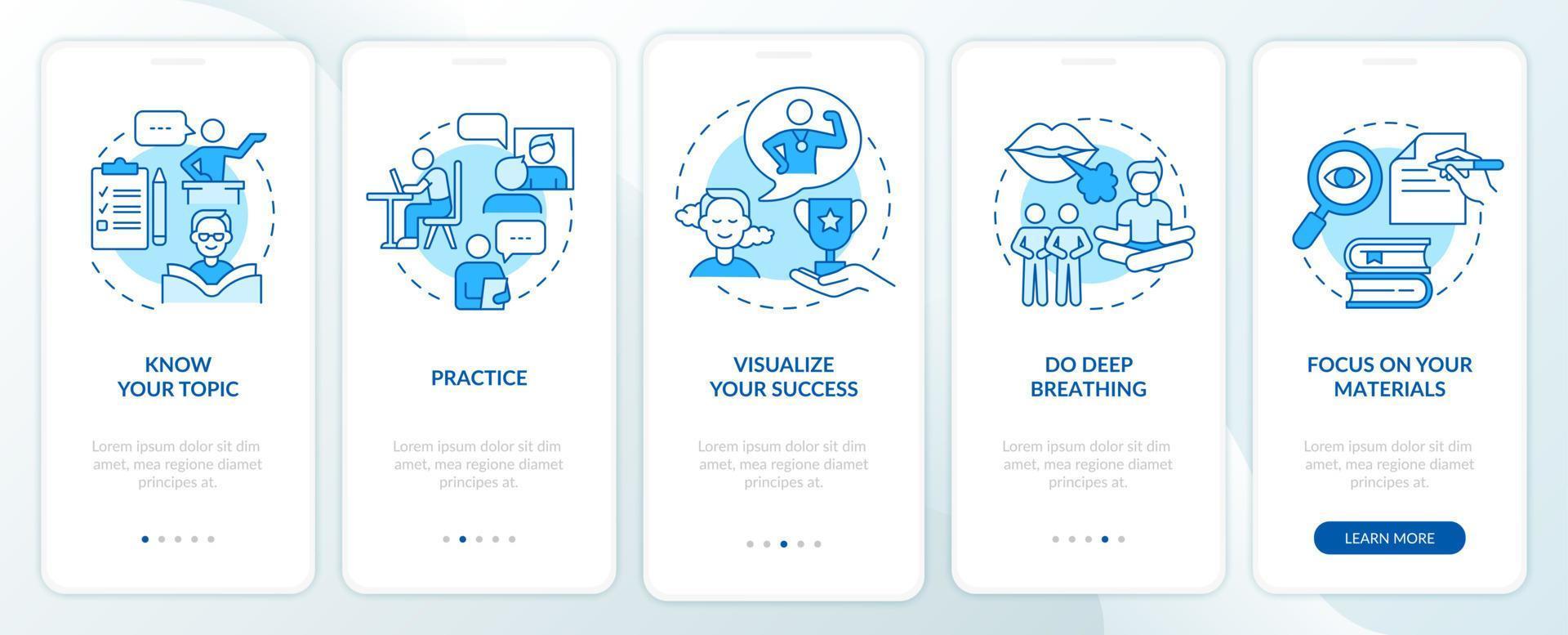 Public speaking fear overcoming blue onboarding mobile app screen. Health walkthrough 5 steps graphic instructions pages with linear concepts. UI, UX, GUI template. Myriad Pro-Bold, Regular fonts used vector