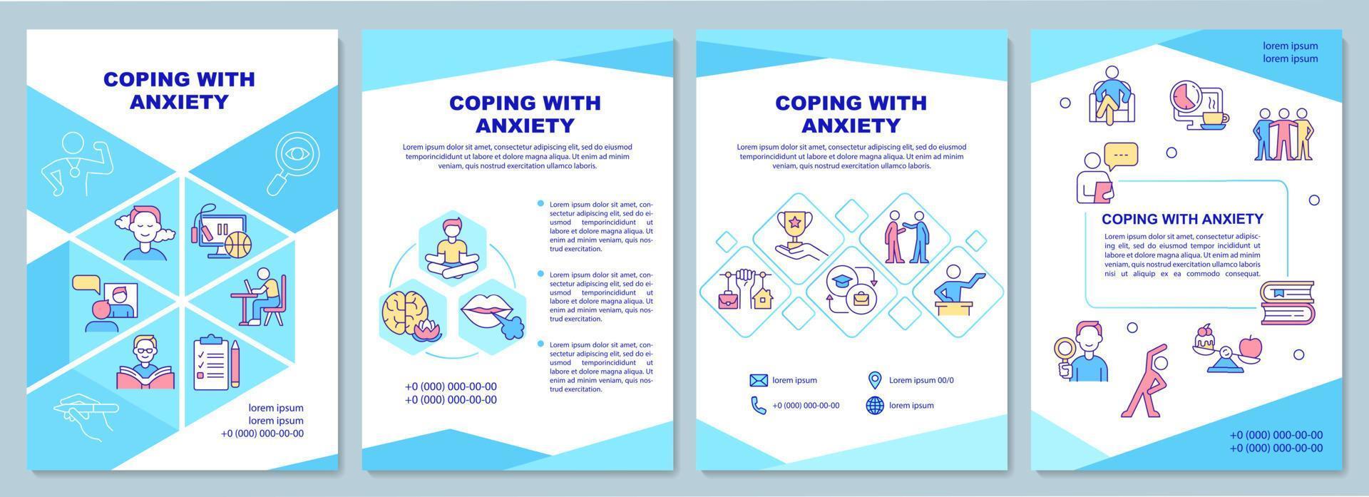 Coping with anxiety blue brochure template. Health mindset. Booklet print design with linear icons. Vector layouts for presentation, annual reports, ads. Arial-Black, Myriad Pro-Regular fonts used