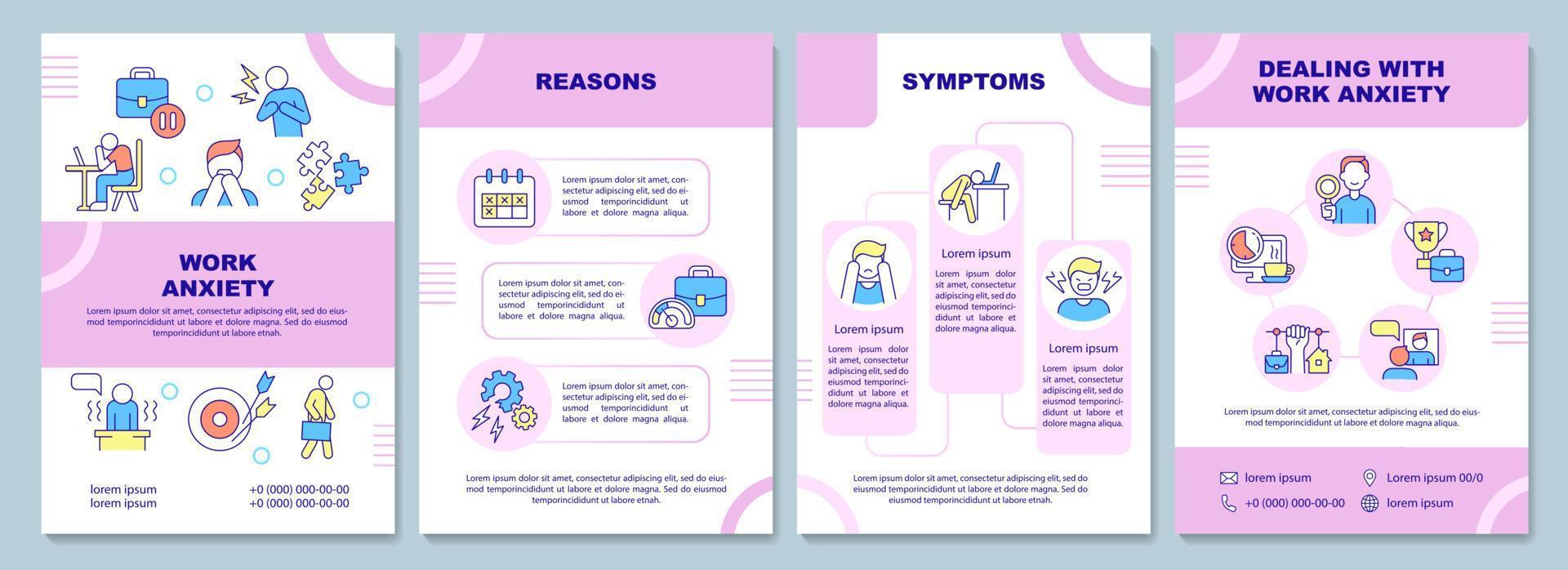 Work anxiety pink brochure template. Reasons and overcome. Booklet print design with linear icons. Vector layouts for presentation, annual reports, ads. Arial-Black, Myriad Pro-Regular fonts used